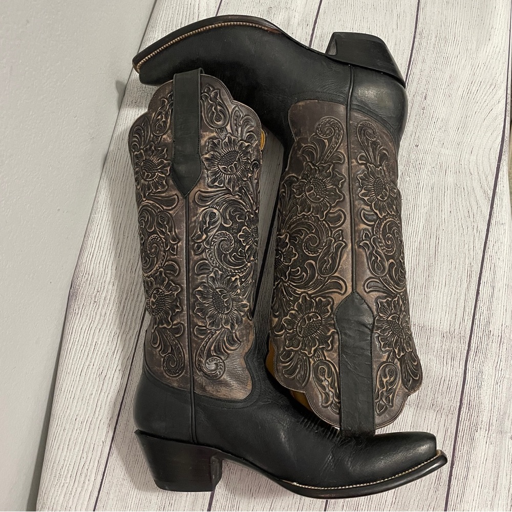 Leddy Vaquero Boots Western Tall Tooled Leather Black Dress Dancing Womens 9 B - Picture 5 of 12